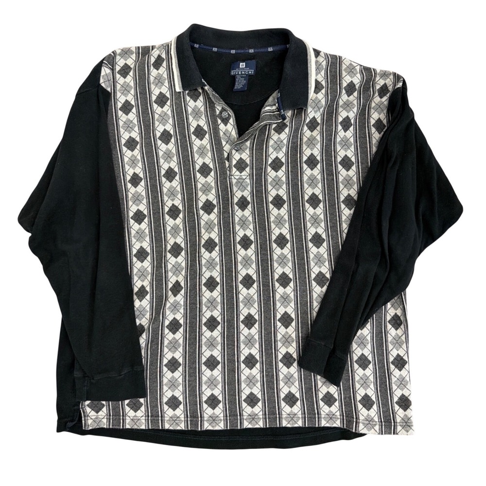 Givenchy Activewear Mens Large Long Sleeve Polo Argyle Stripe Black Grey Vintage